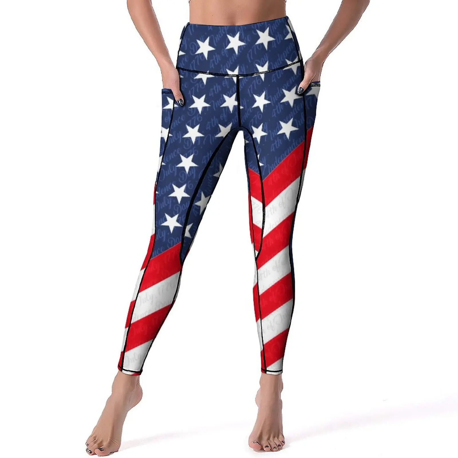 

USA Flag Leggings Sexy 4th of July Independence Day Push Up Yoga Pants Kawaii Elastic Leggins Pockets Graphic Gym Sports Tights