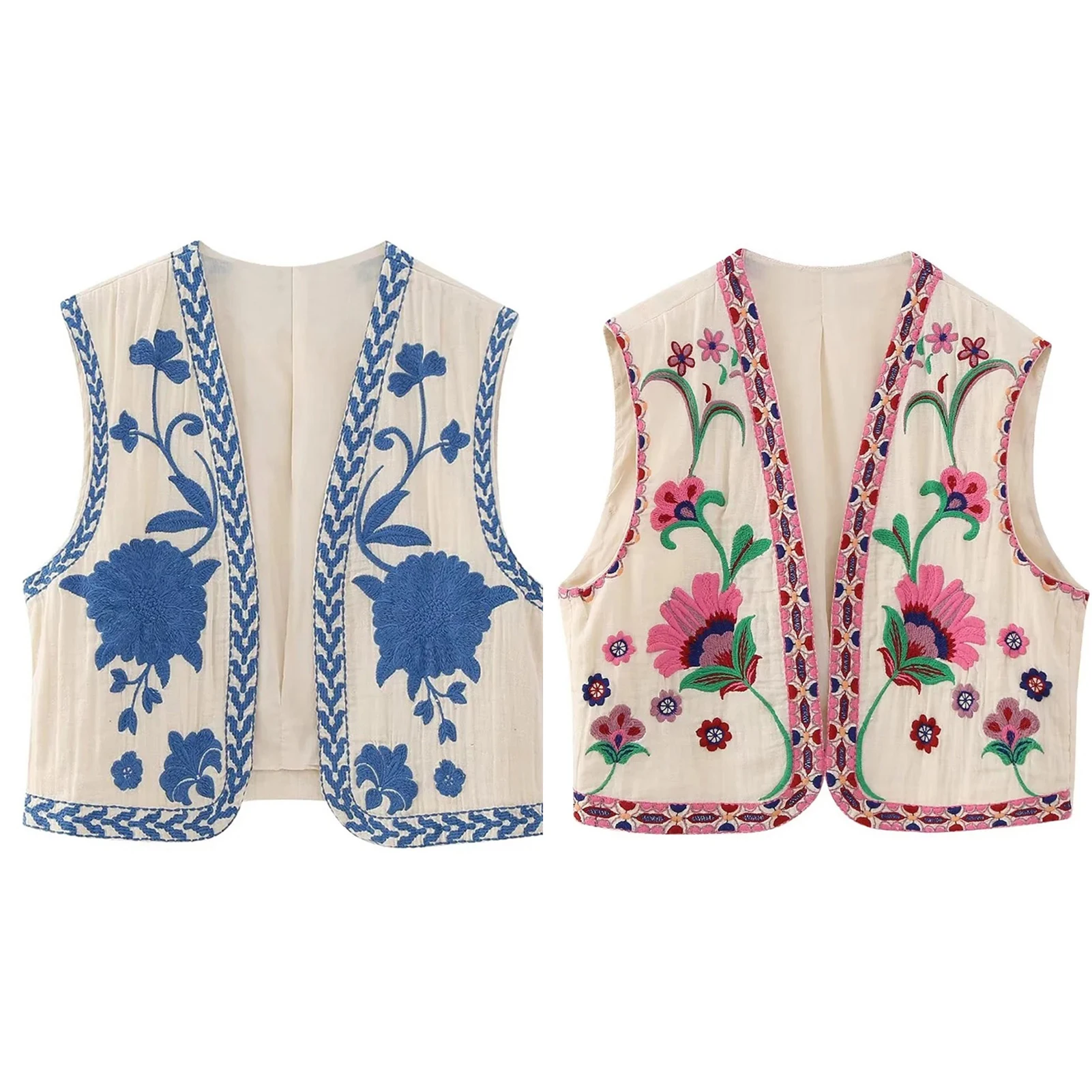 

Женский винтажный открытый жилет с цветочной вышивкой, женский национальный жилет, куртка, наряды, повседневный укороченный топ для отпуска, блузка Y2k