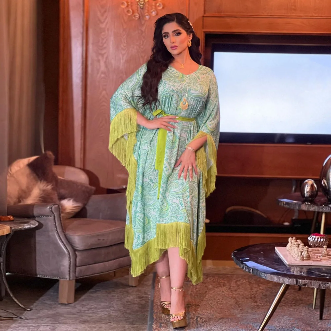 Floral Printing Party Evening Dress Bat Sleeve  Tassel Patchwork Belted Oversized Gown Banquet Kaftan Turkey Women Muslim Abaya