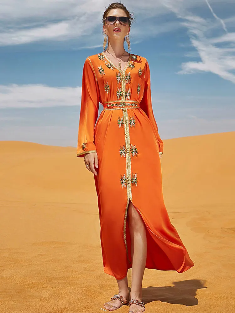 Luxury Kaftan Moroccanin Party Caftan Women Satin Handsewn Rhinestones Arab Muslim Evening Long Dress Gulf Jalabiya Gown Abayas