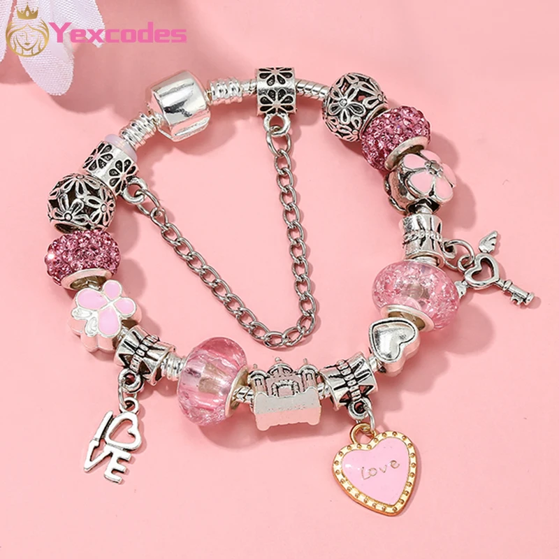 

Pink Love Charm Vintage Silver Color Charms Bracelets for Women DIY Crystal Beads Brand Bracelets Women Pulseira Jewelry
