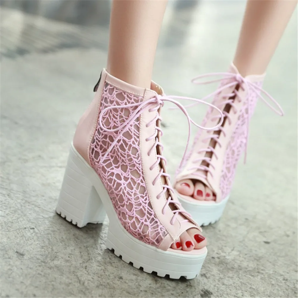 Peep Toe Mesh Summer Lace-up Women Cool Boots Sandals 2023 New Designer Platfrom High Heels Pumps Thick Bottom Ladies Shoes