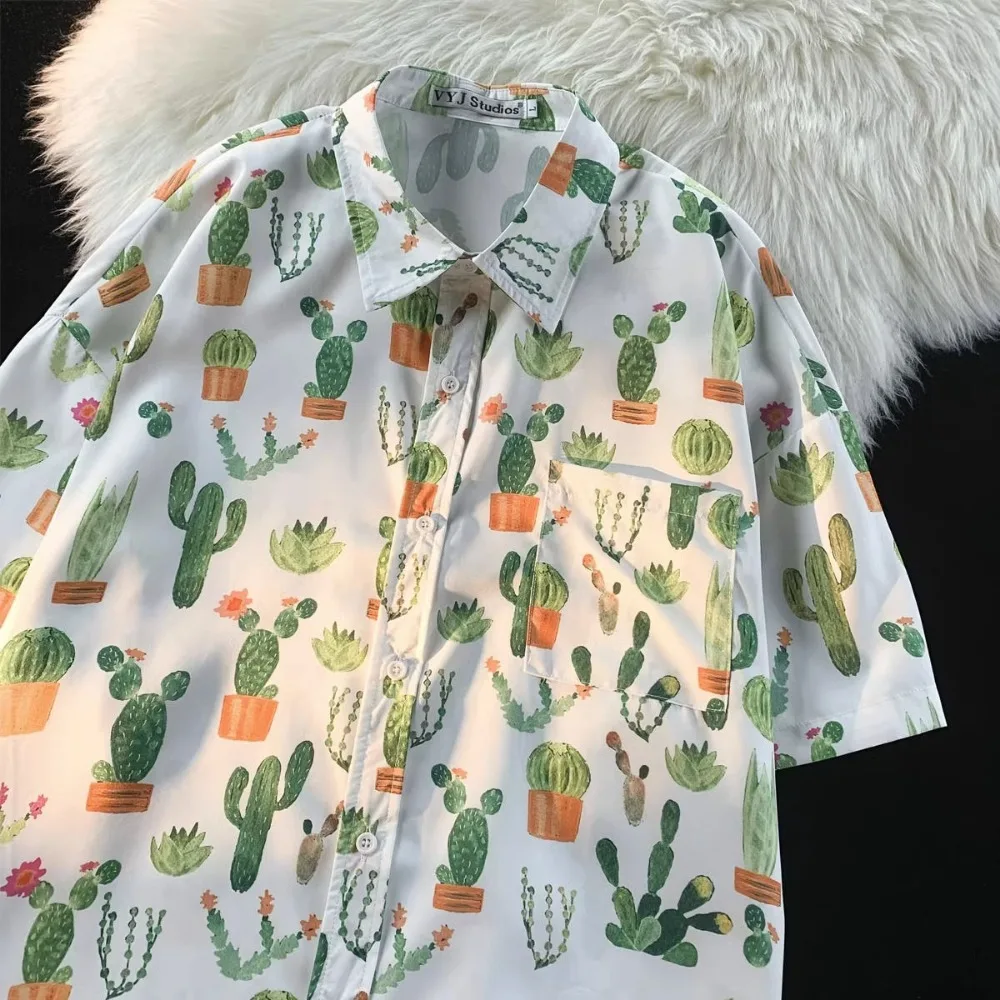 

Vintage Fashion Cactus Print Button Up Shirt Women Shirts Blouses Summer Casual Short Sleeve Streetwear Woman Shirts Harajuku