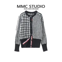 autumn and winter new thickened houndstooth round neck cardigan womens retro small loose tb contrast color sweater coat