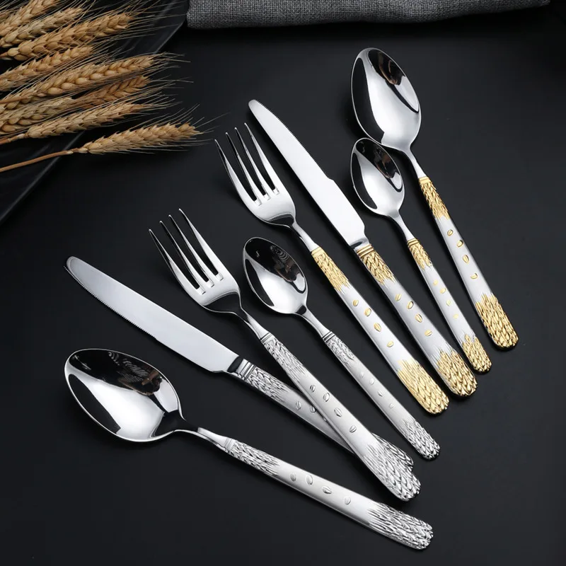 

4PCS Western Steak Knife Fork Spoon Vintage Coffee Dinnerware Set Golden Embrossed Wheat Stainless Steel Tableware Cutlery Set