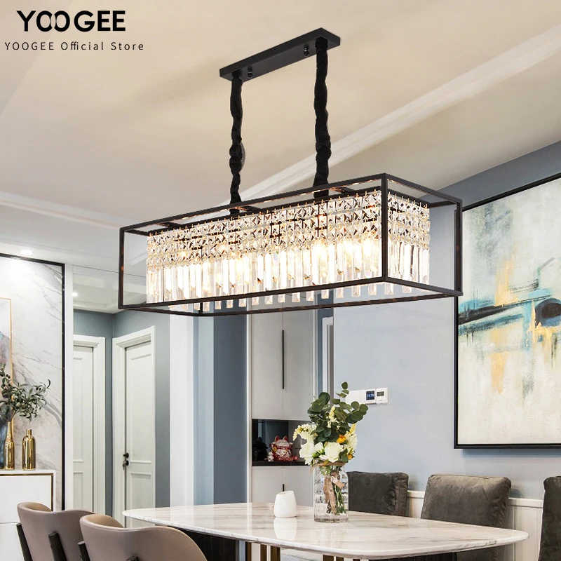 

YOOGEE Modern kitchen island crystal home decoration light fixture black/gold dining room chandelier luxury rectangle led lustre