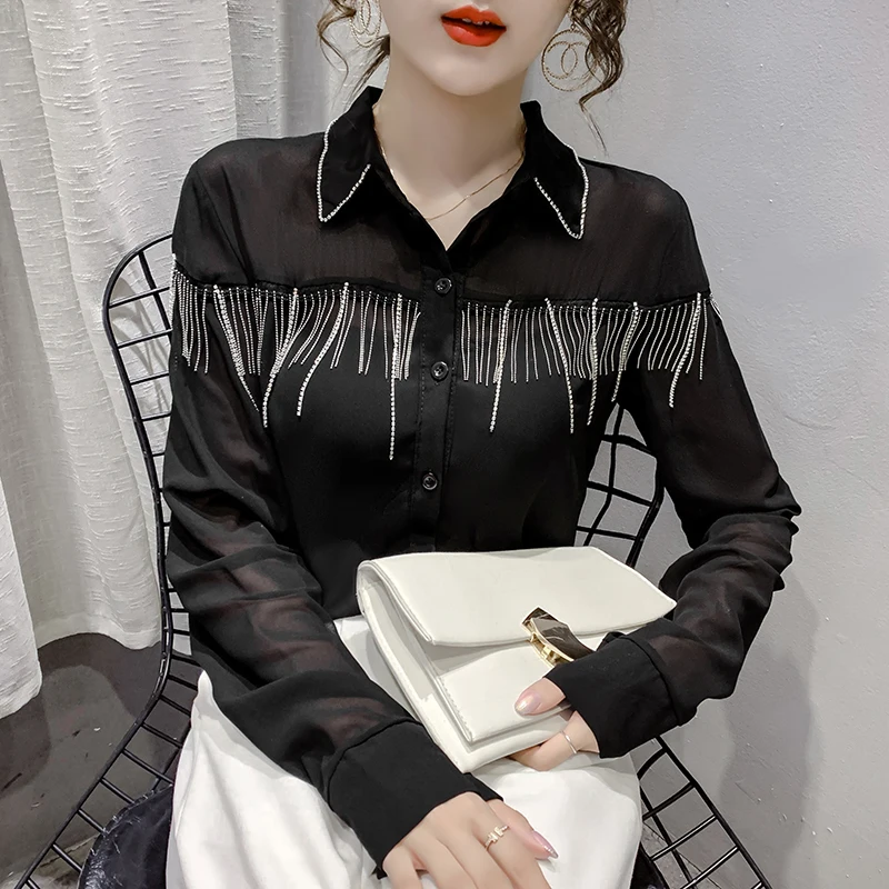 

Women's Blouse Silk Polo Shirt Fashion Casual Solid Top Long Sleeve Chiffon Blusas Office Lady Summer Clothing Houthion