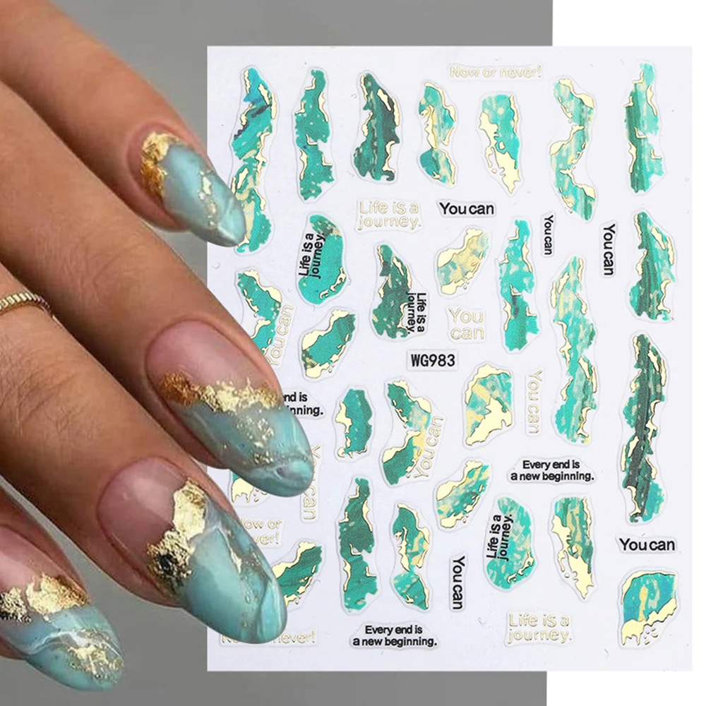 

Штампованные мраморные наклейки для ногтей, павлин, зеленые золотые линии, слайдеры на ногтях, подвески, цветущие чернила, картина, наклейка, украшение, маникюр