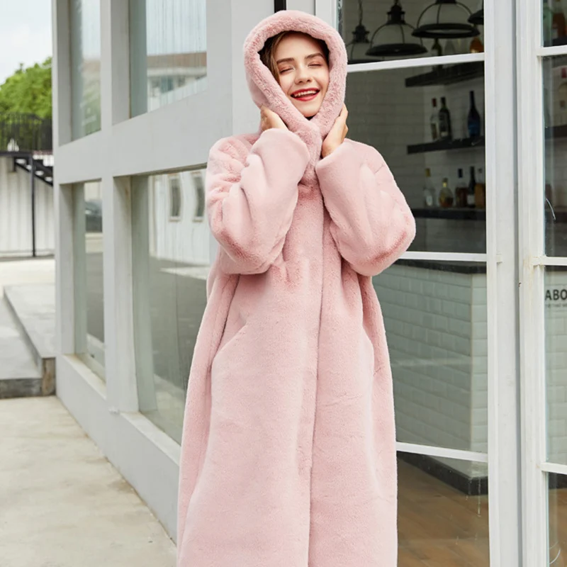 Hooded Faux Fur Coat Women Winter 2022 Casual Loose Long Jacket Female Fur Plush Thick Warm Cotton Lining Outwear Solid Clothes