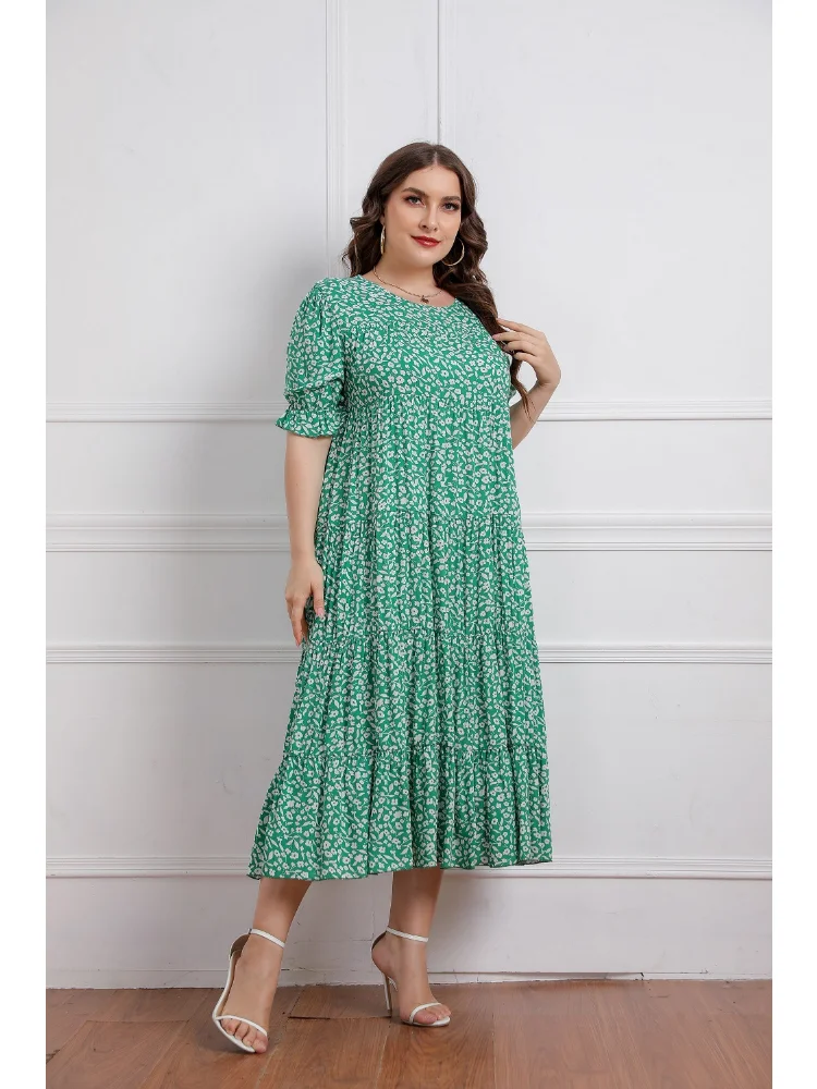 Large Women's Summer New Short Sleeve Cotton Print Loose Dress  long sleeve plus size women clothing plus size dresses
