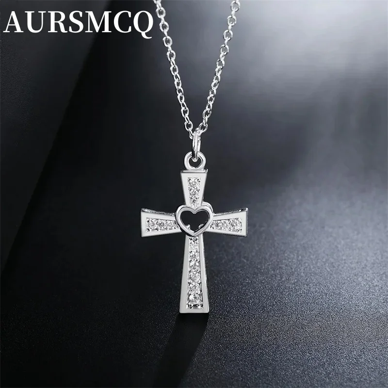 

Promotions 45cm 925 sterling silver Beautiful fashion Elegant charm Crystal cross pendant CZ Zircon pretty Necklace jewelry