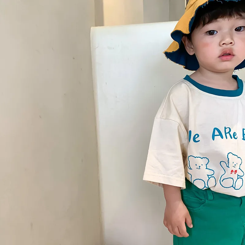 2022 New Summer Children Short Sleeve T Shirt Cotton Boys Bear Print T Shirts Fashion Girls Cartoon Tee Cotton Kids Tops Clothes