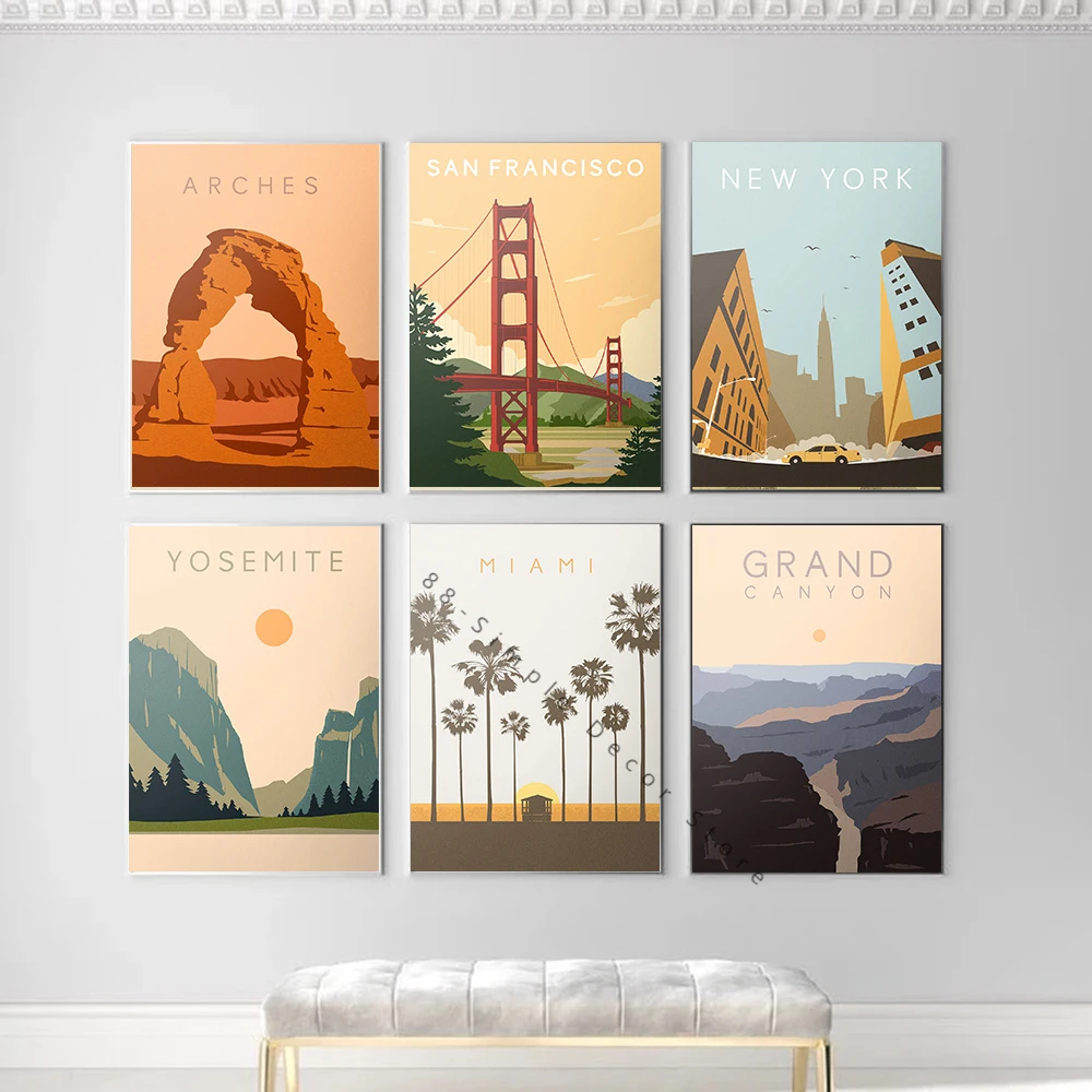 

Nordic Vintage Travel Cities Poster New York San Francisco Park Landscape Canvas Painting Wall Art Home Decor Picture Poster