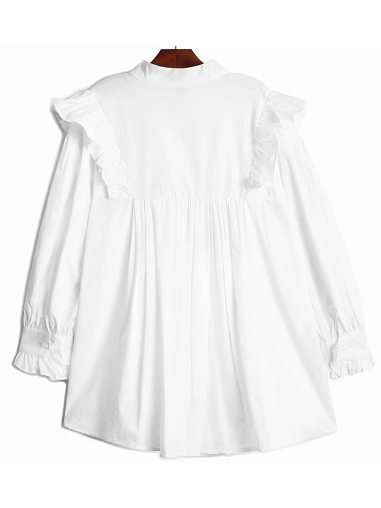 [EAM] Женская черная блузка большого размера с поясом и оборками новая свободная