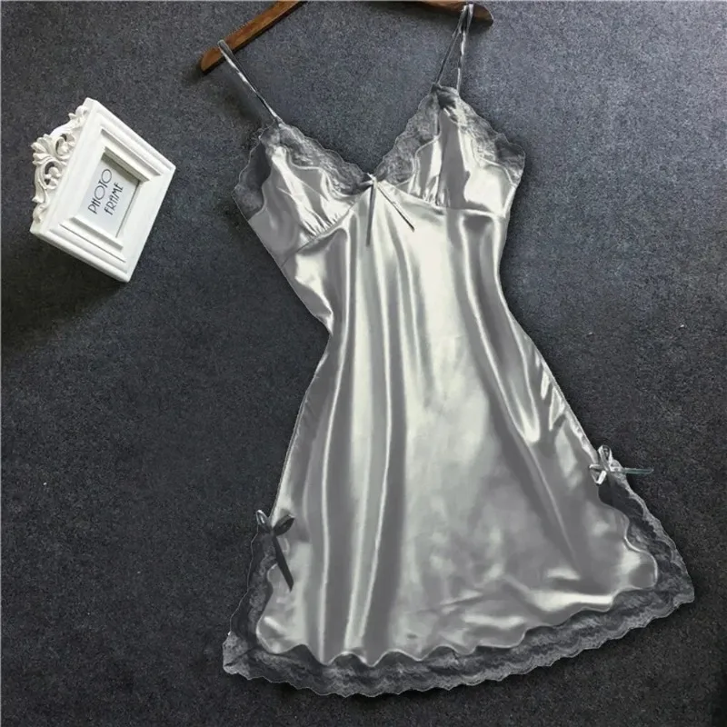 

Satin Nightgown Lady Sexy Bowknot Lace Lingerie Spaghetti Strap Night Dress Women Nighties Sleeveless Sleepwear Nightwear