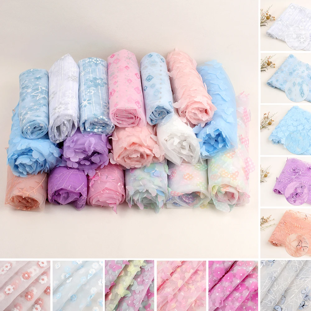

3D Butterflies Mesh Skirt Material Tulle Net Yarn Embroidery Gauze Fabrics for Sewing Crafts Clothing Accessories 45*145cm