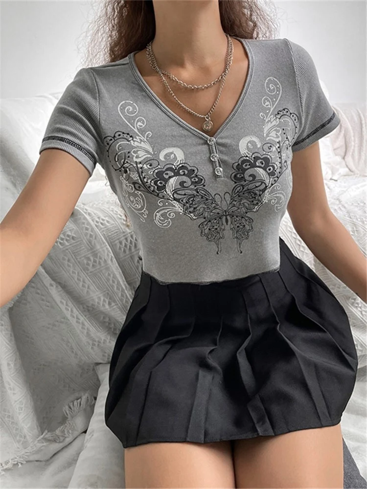 

Summer Fashion Slim Cute Print Butterfly Short Sleeve Graphic Tee V-neck Women Skinny T-Shirt Girl Casual Crop Top Y2k Vintage