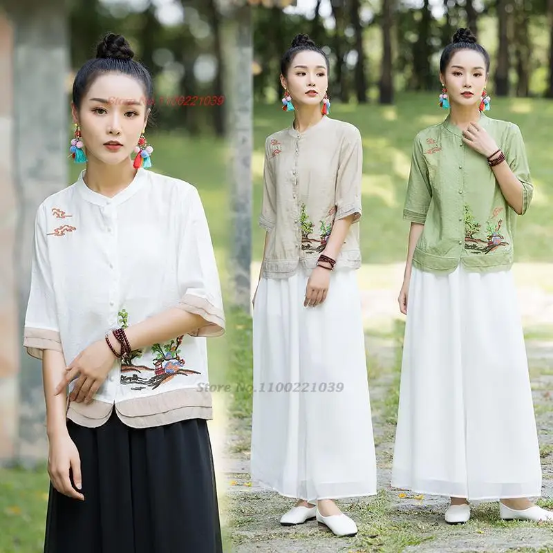 

2023 chinese traditional hanfu tops improved cheongsam national flower embroidery chiffon blouse elegant oriental tang suit