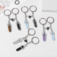 natural stone couple keychain agat hexagonal column heart charm keyring silver color chain decorate for women men jewelry gift