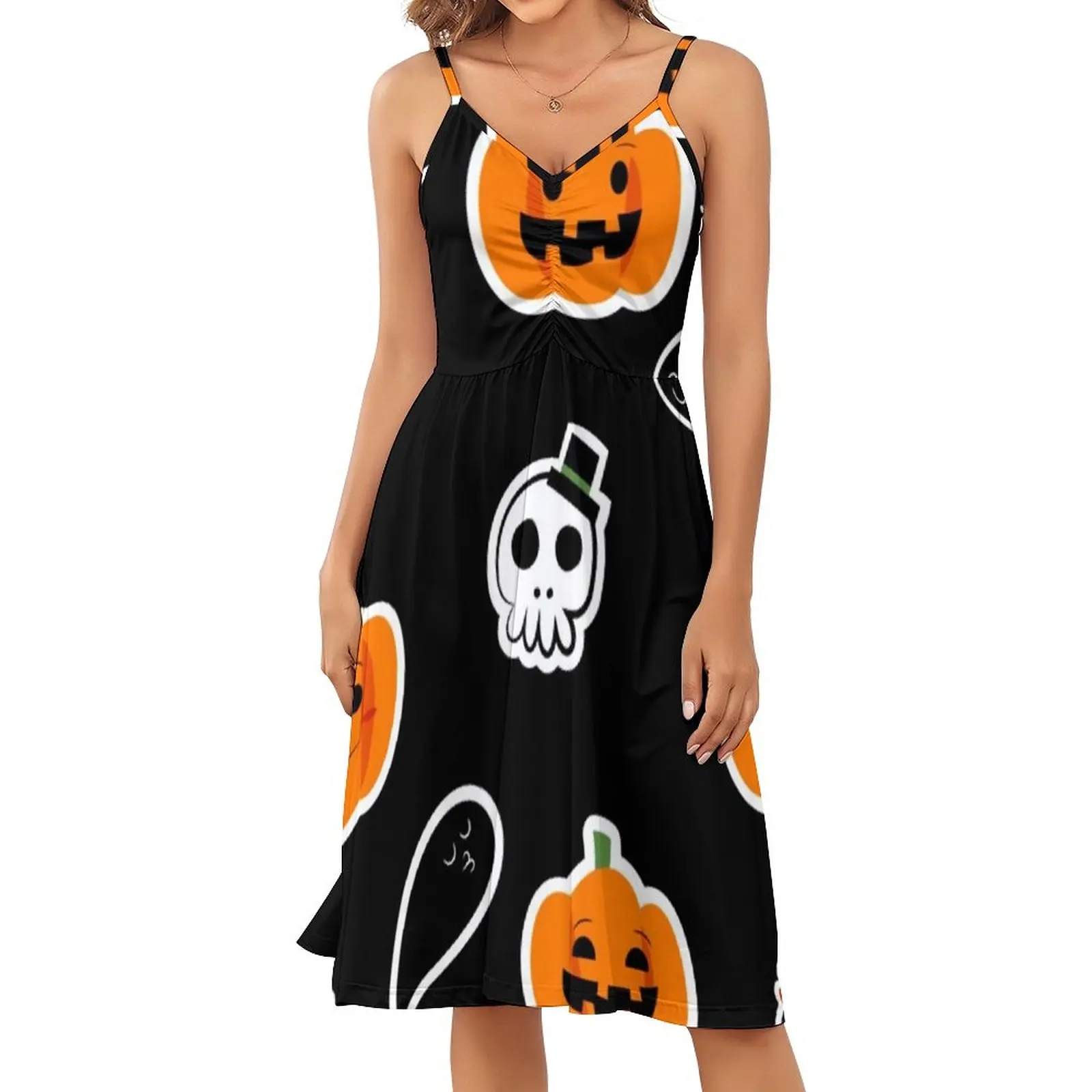 

Cute Ghost Print Dress Womens Halloween Pumpkins Street Style Casual Dress Summer Print Dresses Strap Vintage Clothes