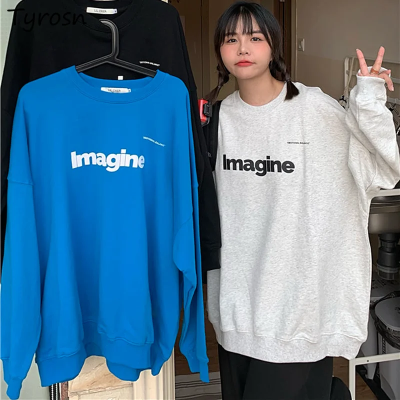 

Женские толстовки с круглым вырезом и принтом в стиле Харадзюку, милые уличные свитшоты в стиле ольччан для девочек, модная одежда в стиле бойфренд для студентов