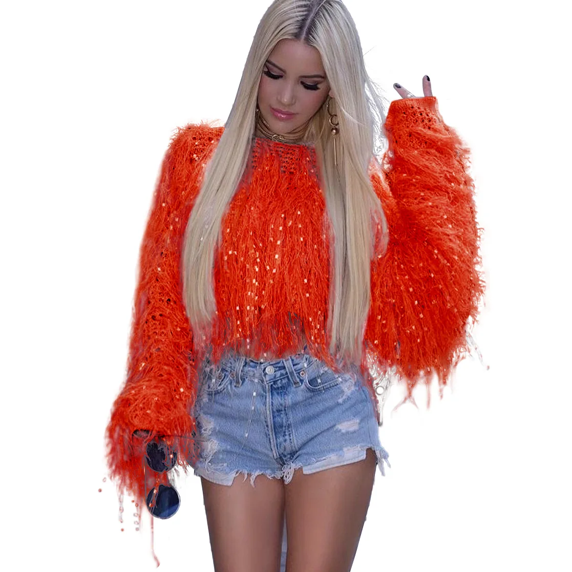 DEARIRIS Winter Women's Fashion Handcrafted Fringe Fur Knit Pullover Sweater