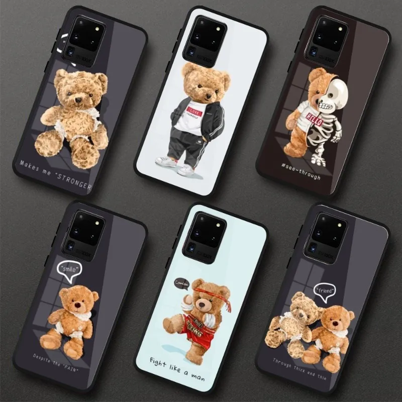 

Cute Bear Cool Doll Phone Case For Samung S23 S22 S21 Pro Ultra A13 A33 A53 NOTE 20 Black PC Glass Phone Cover