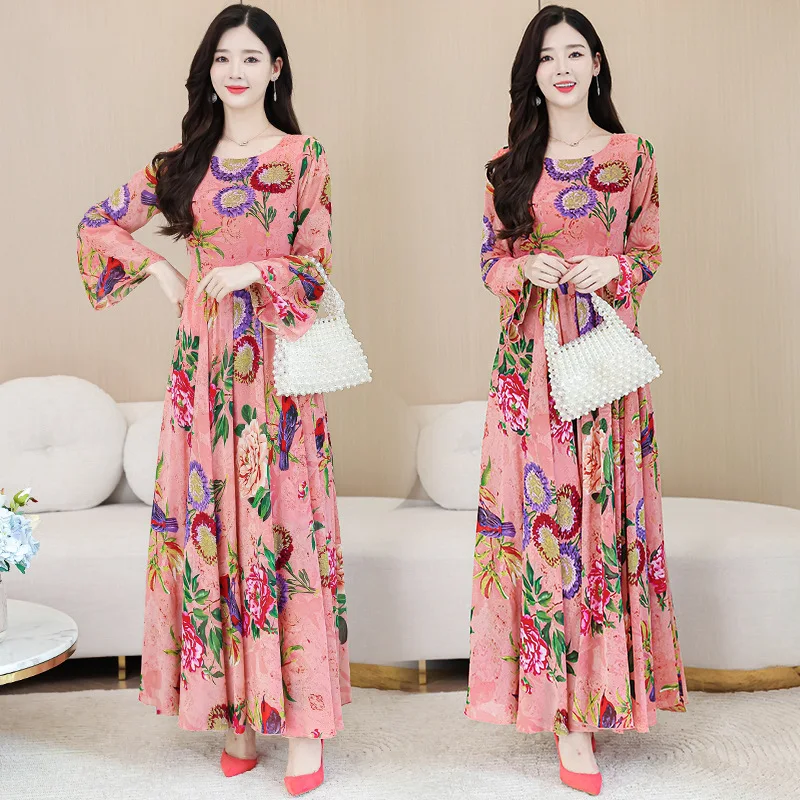 Spring Summer Pink Floral Flare Sleeve Maxi Dress Muslim Women Vintage Chic Luxury Party Night Dress 2023  muslim dress