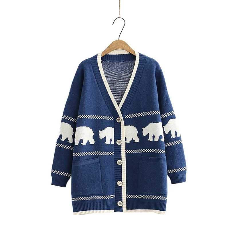 

Женский вязаный кардиган с вышивкой медведя из мультфильма, теплый зимний свитер 2021, куртка, пальто, корейские женские джемперы с V-образным ...