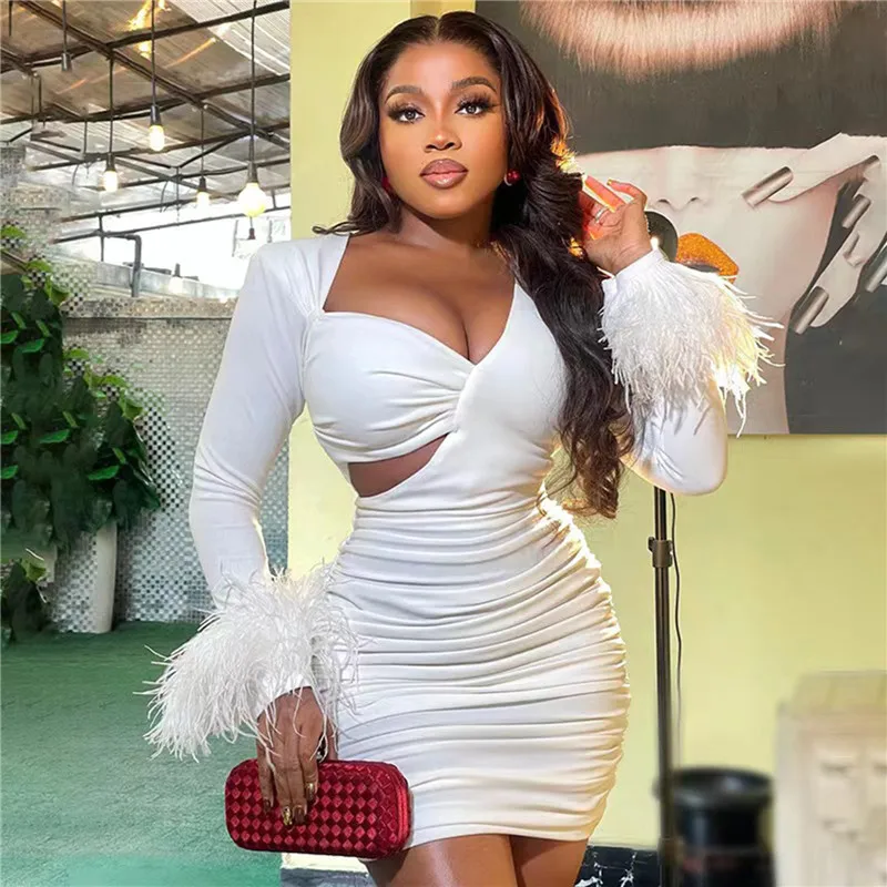 

Elegant Long Sleeve Bodycon Women Dress New Fashion Feathers Ruched Mini Outfits Sexy Party Clubwear Black Ladies Vestidos