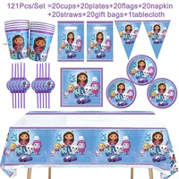 gabby dollhouse baby shower decoration flags girl birthday party supplies disposable purple cups plates tablecloth tableware set