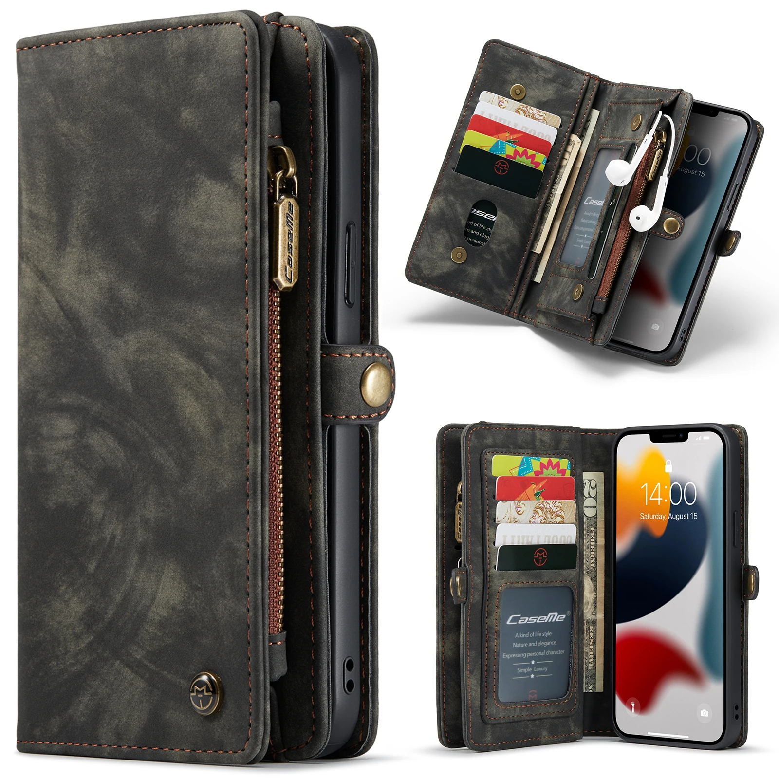 

CaseMe Case For APPLE iPhone 11 12 13 14 Pro Max SE2/3 Xs Max Luxury 2In1 Detechable Strong Magnetic Leather Wallet Sleeve Cover