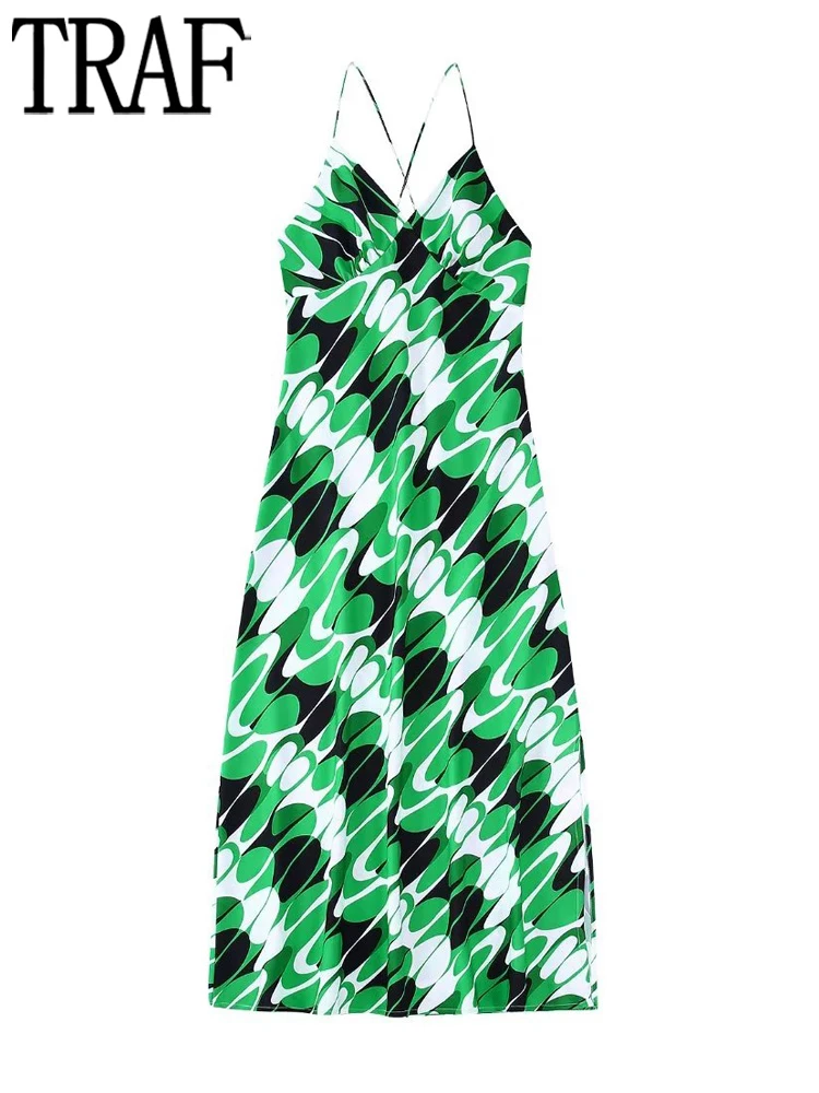 

TRAF Green Print Slip Dress Woman Sexy Long Dress Women Backless Night Party Dresses for Women Camisole Summer Midi Female Dress