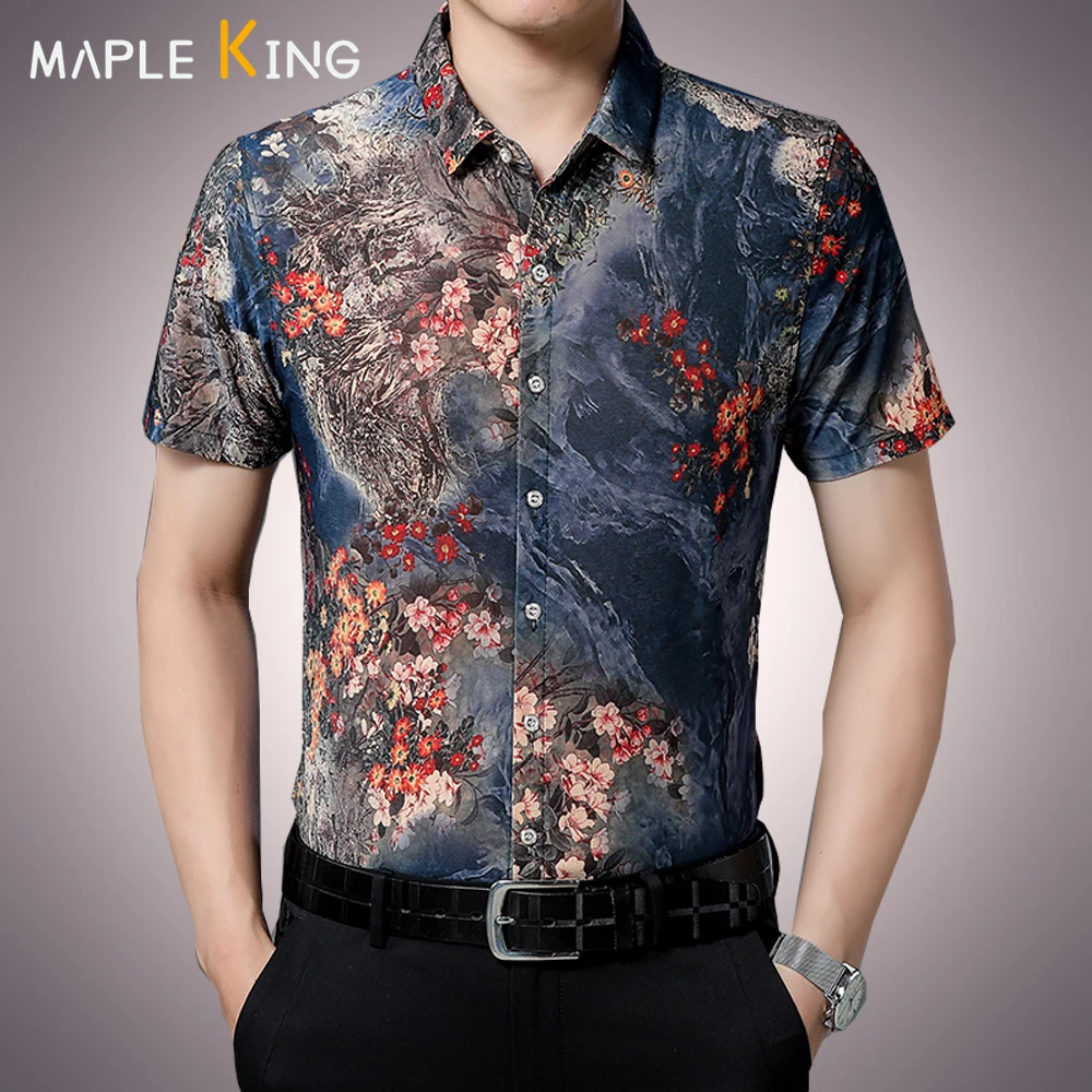 Chinese Style Short Sleeve Floral Shirts for Men Business Flower Printed Mens Dress Shirt Summer Button Down Camisas De Hombre