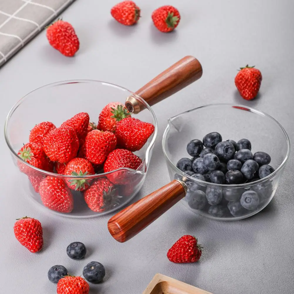

Cooking Pot Durable Wooden Handle Soup Pan Glass Milk Coffe Pot Easy to Grab Useful Glass Milk Pot
