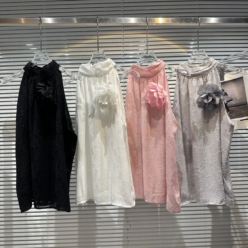 

Сетчатая шифоновая футболка BORVEMAYS с подвесным воротником, элегантная однотонная тонкая модная трендовая футболка без рукавов с 3D цветами, ...