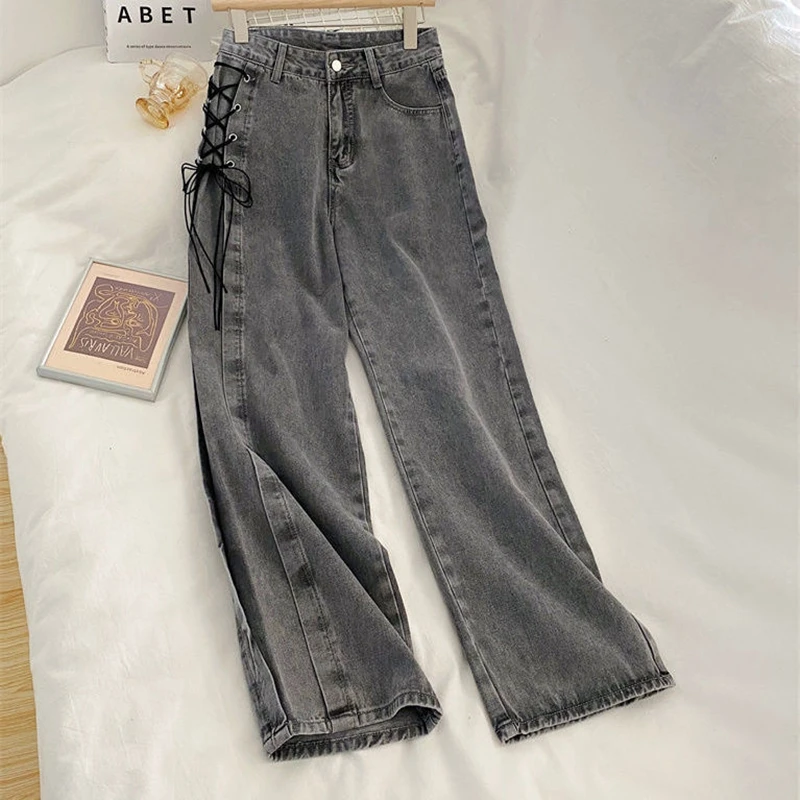 

Women Autumn New Fashion Ins Street Jeans Loose Casual Lace Up Wide Leg Pants Tide Female High Waist Oversized Vintage Trousers
