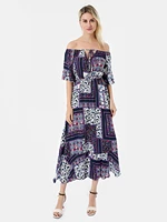 sexy off shoulder midi dress floral print half sleeve lace up dress casual summer boho beach vacation dresses for women 2022