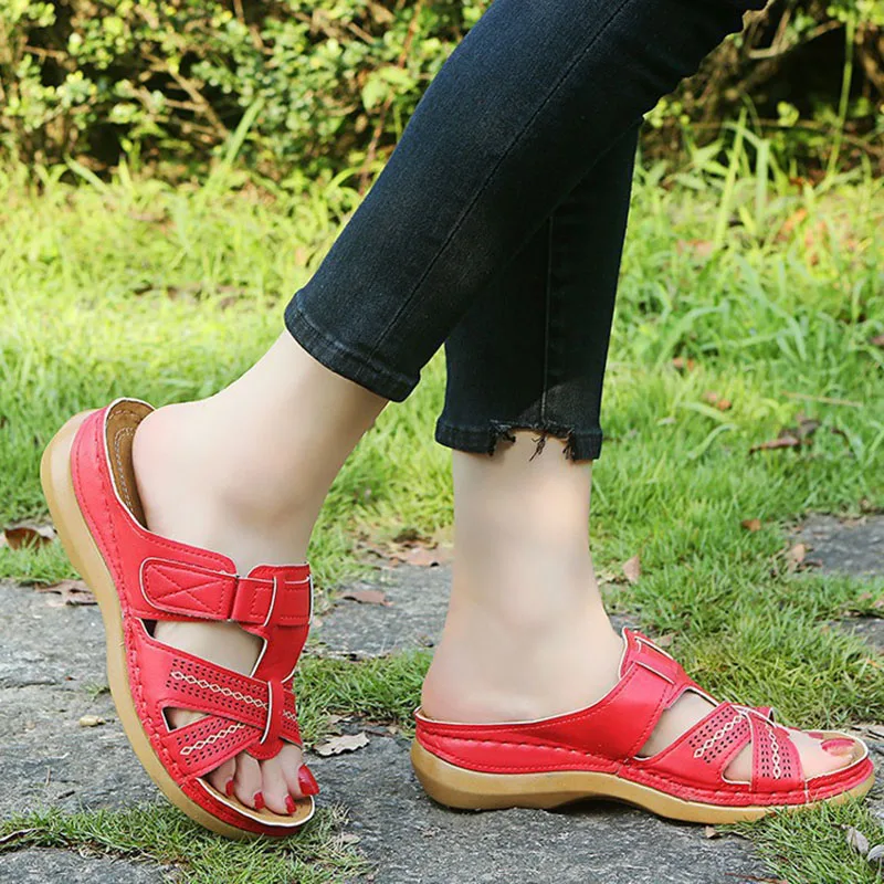 

2022 Summer Women Wedge Sandals Premium Orthopedic Open Toe Sandals Vintage Anti-slip Leather Casual Female Platform Retro Shoes
