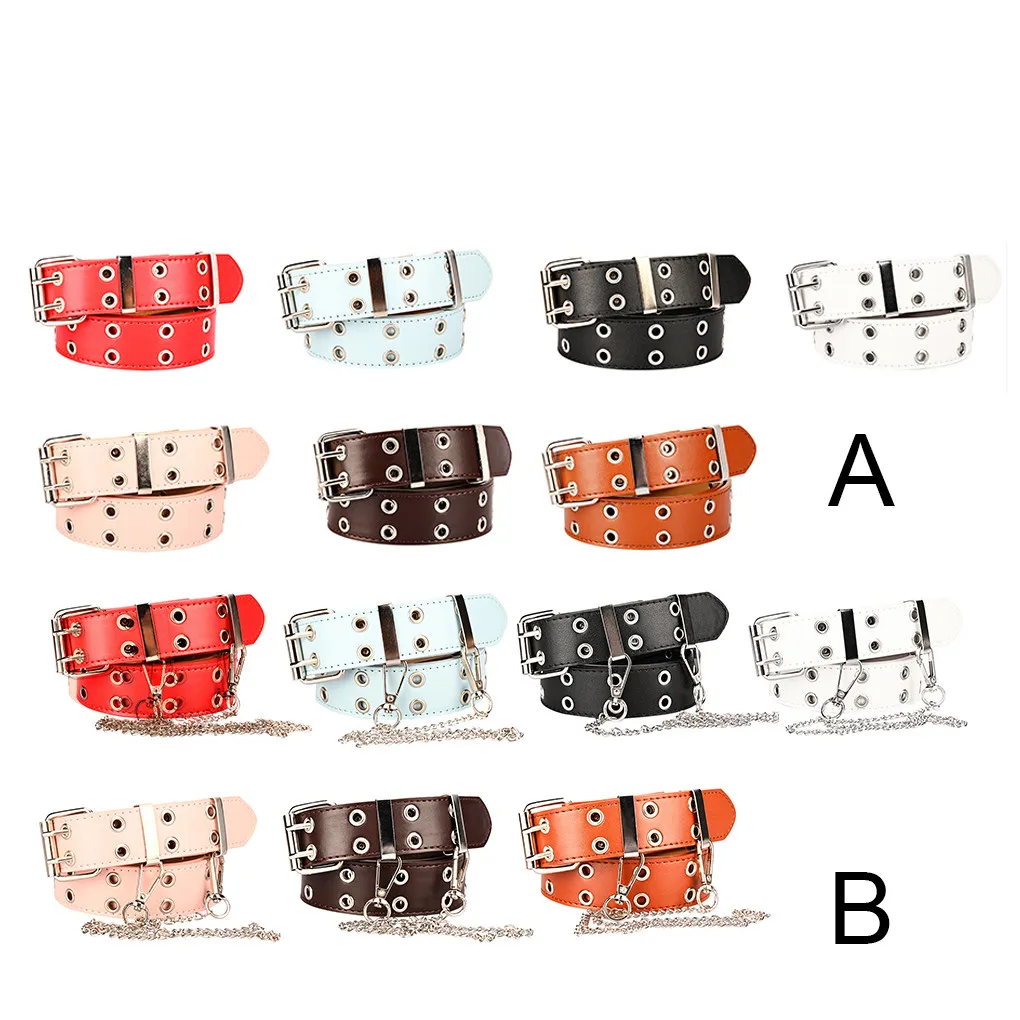 

Women Belt Double Grommet Belt Alloy Leather Jeans Eyelet WaistBand Blue Without Chain