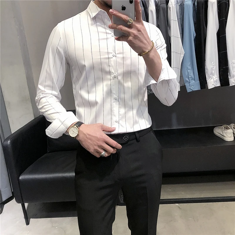 2022 High Quality Men Stripe Shirt Long Sleeve Business Dress Casual Shirts Cuff  Spring Slim Fit Brand Shirt Man Shirt S-3XL