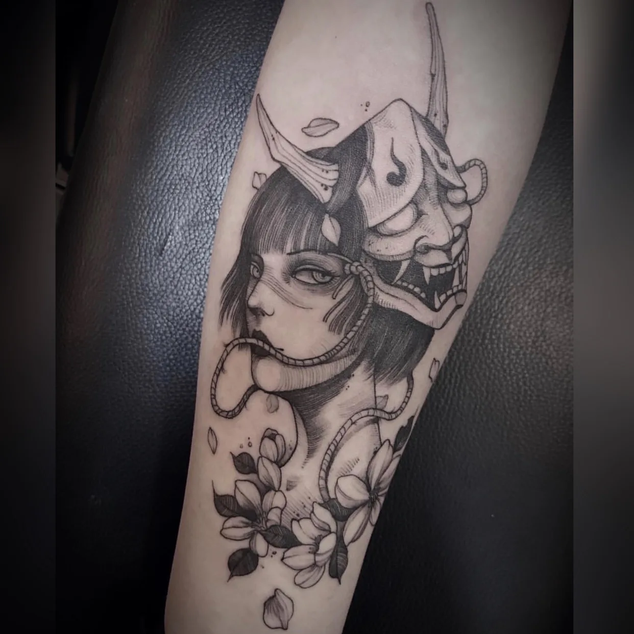 Водостойкая Временная тату-наклейка японская черно-белая маска укиё-э на