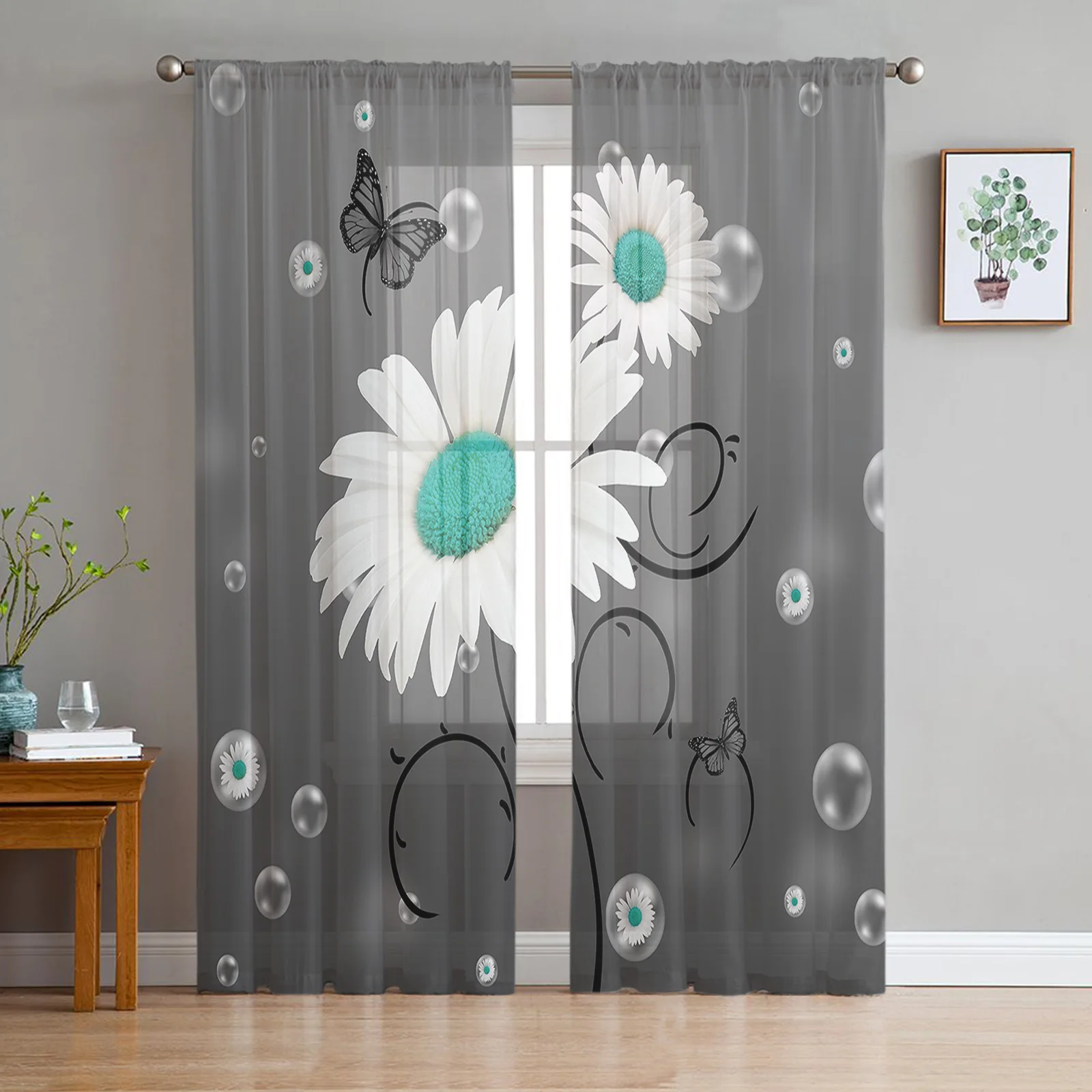 

Daisy Butterfly Bubble Tulle Sheer Window Curtains for Living Room the Bedroom Modern Voile Organza Decorative Curtains Drapes