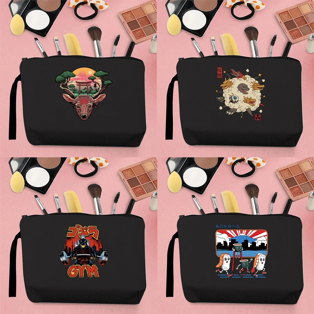 

Street Trend Women's Cosmetic Bag Japanese Pattern Printing Commuter Travel Canvas Black Storage Change Creative Small Clutch