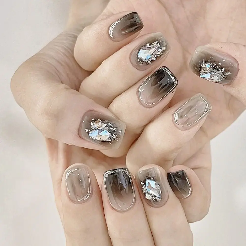 

24pcs Nail Tips Full Cover Crystal Moon Star Fake Nails Short French Square