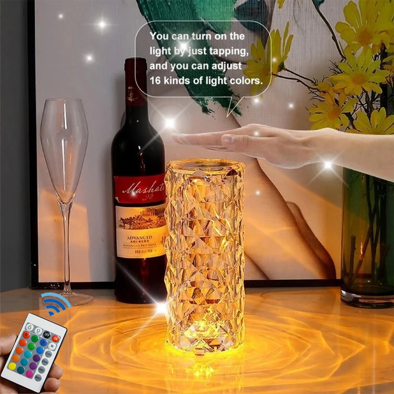 3/16 Colors Crystal Table Lamp Rose Light Projector Adjustable Romantic Diamond Atmosphere Light USB Bedroom Touch Night Light