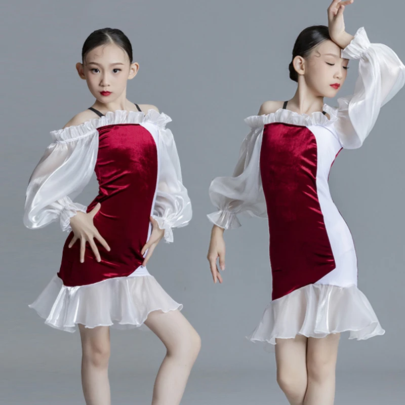 

Kids Ballroom Dance Competition Dress Girls Puff Sleeves Red Velvet Latin Dance Dress Stage Performance Dancing Dresses XS5698