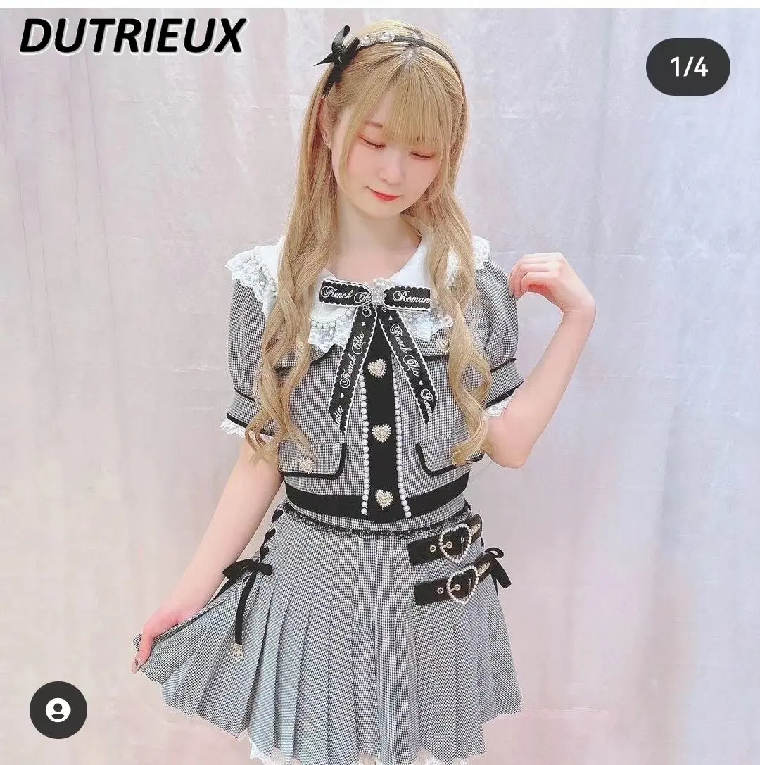 

Костюм Rojita в японском стиле, клетчатый топ и юбка, Женский комплект из двух предметов с пряжкой в форме сердца