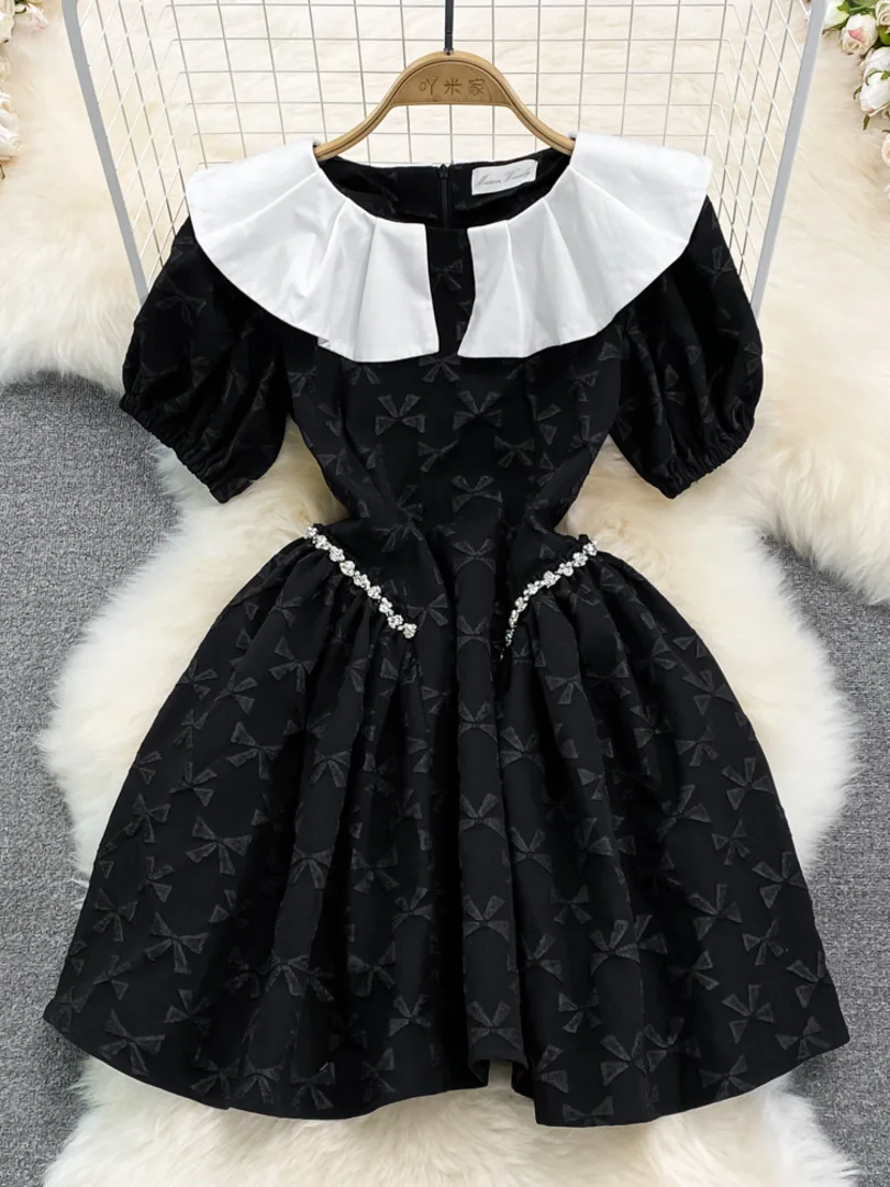 

2022 Summer Women Vintage Dress Color Match Peter Pan Collar Short Sleeve Rhinestone High Waist A-line Mini Party Dress Vestidos