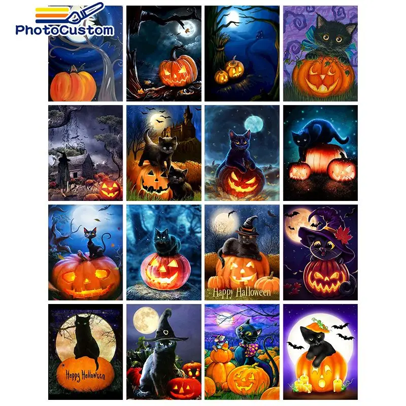 

PhotoCustom Diy Painting By Number Black Cat And Pumpkin Lantern Handmade Painting By Number Painting Artwork